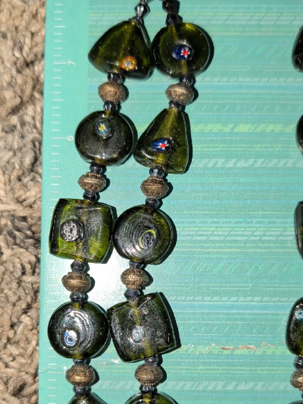 1950's Dual Strand Murano Venetian Olive Green Glass Millefiori Bead Necklace - Picture 12 of 16
